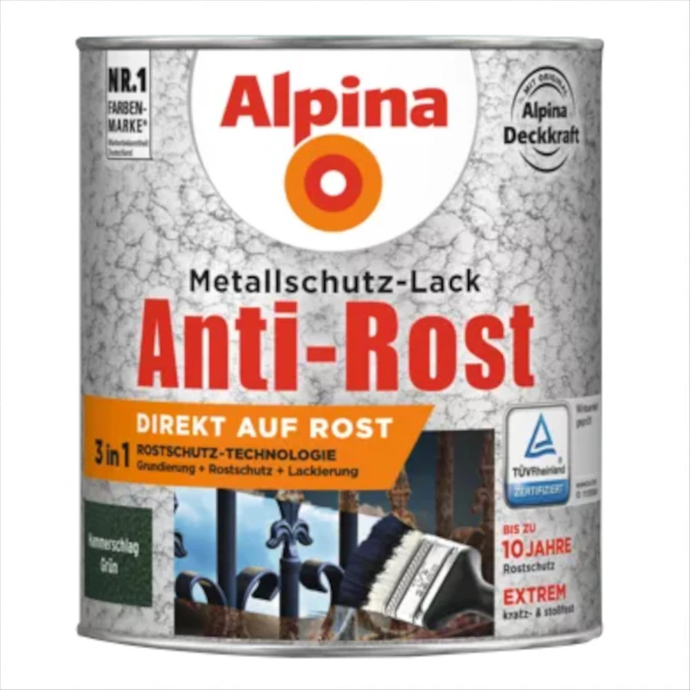 Alpina Rost Metallschutz-Lack Grün 300 Ml RAL 6036 Hammerschlag 1 Alpina Rost Metallschutz-Lack Grün 300 Ml RAL 6036 Hammerschlag